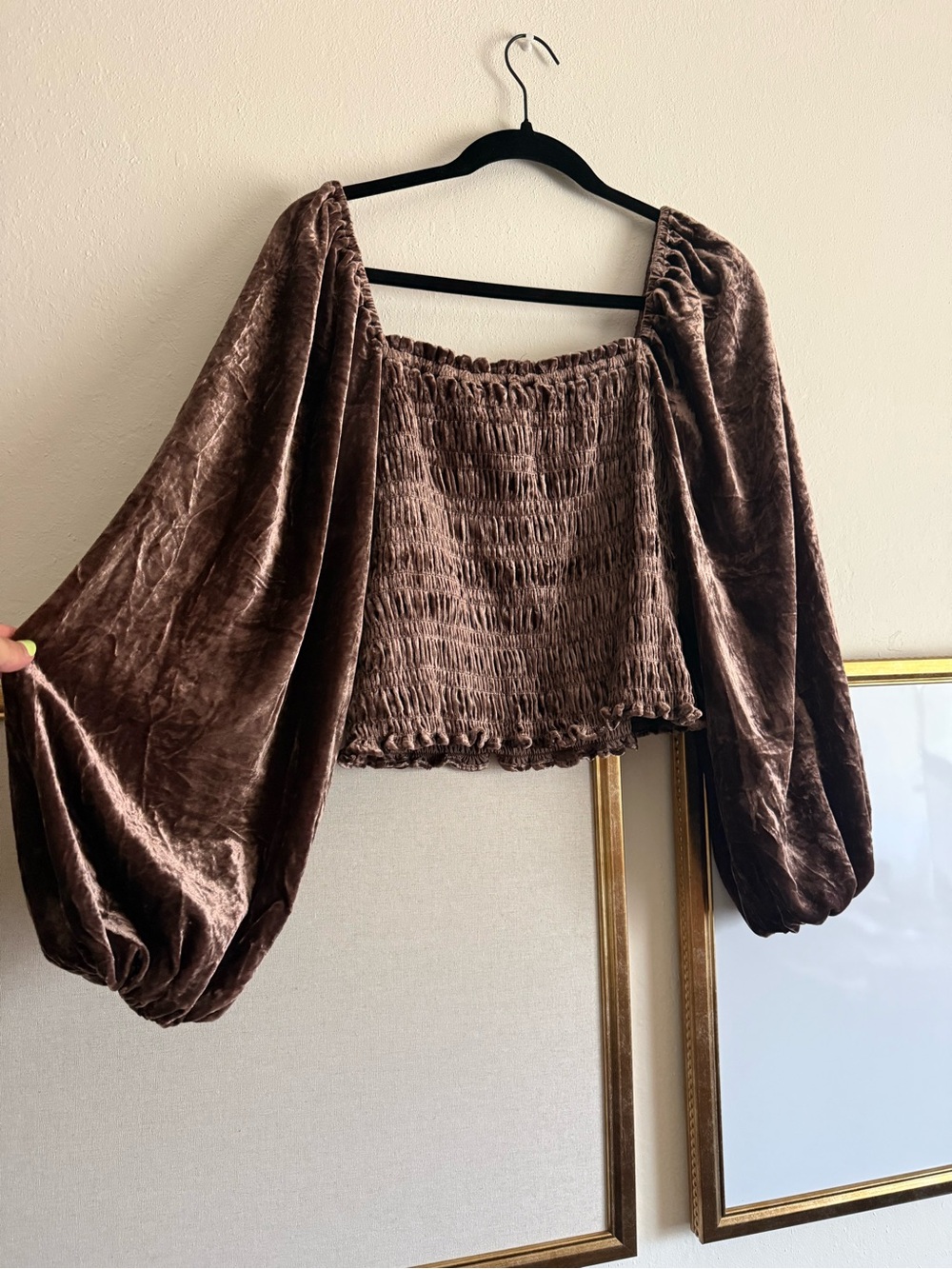 Anthropologie Puff-Sleeved Velvet Blouse smocked bodice Crop Top Brown Medium